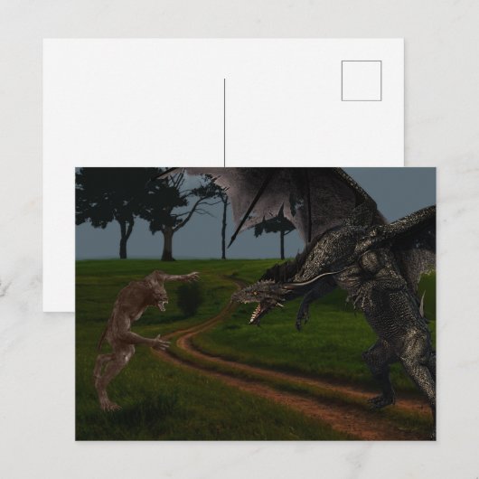 Dragon Vs Werewolf Fantasy Postkarte (Vorne/Hinten)