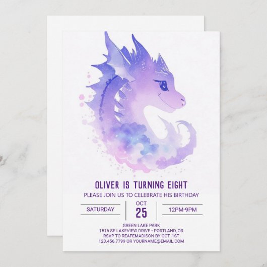 Dragon Watercolor Birthday Einladung (Vorne/Hinten)