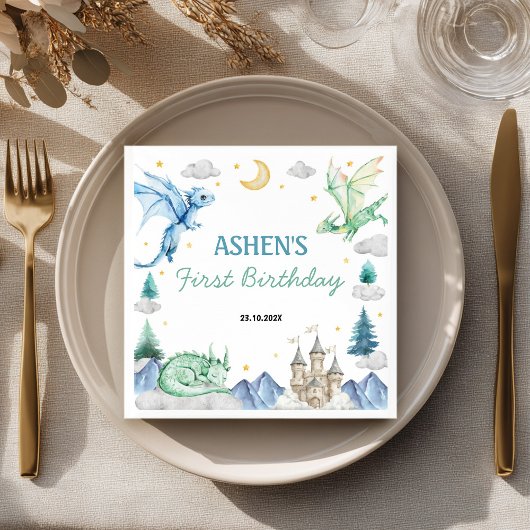 Dragon Watercolor Boy Birthday Napkin Serviette
