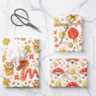 Dragon & Waving Cat   Chinesisch - Neue Jahre Geschenkpapier Set