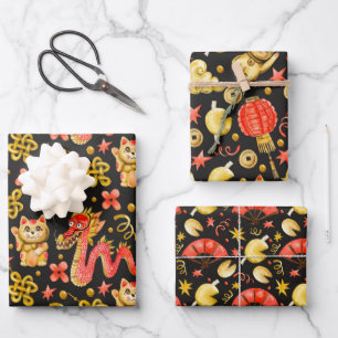 Dragon & Waving Cat   Chinesisch - Neue Jahre Geschenkpapier Set