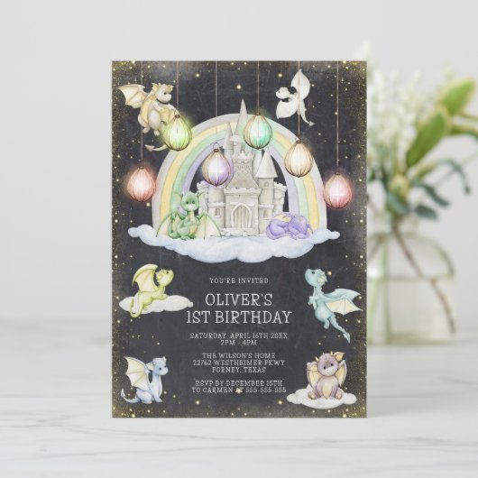 Dragon Whimsical Magic Birthday Party Einladung (Stehend Vorderseite)