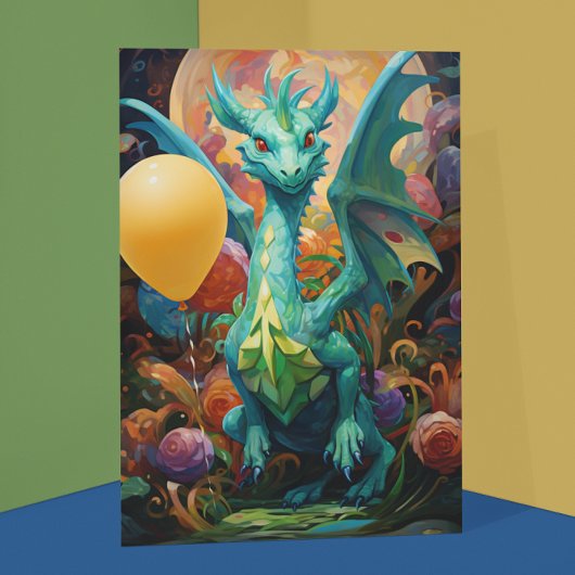 Dragon with Birthday Balloons Karte
