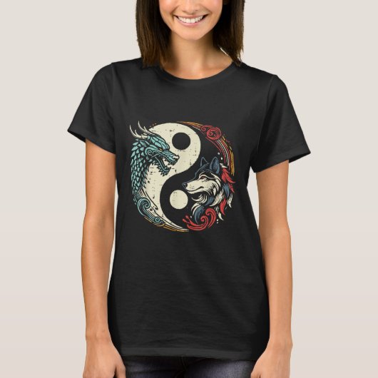 Dragon Wolf Yin Yang Chinesischer Mythos Zen Men W T-Shirt (Vorderseite)
