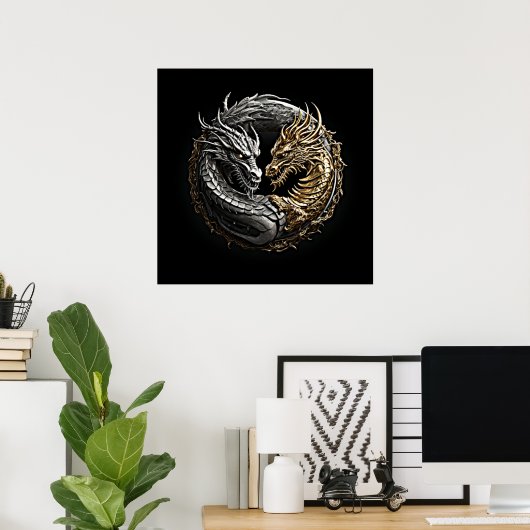 Dragon Yin Yang Art Gold und Silber Poster (Heimbüro)