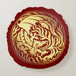 Dragoncircle - Gold in Rot Rundes Kissen