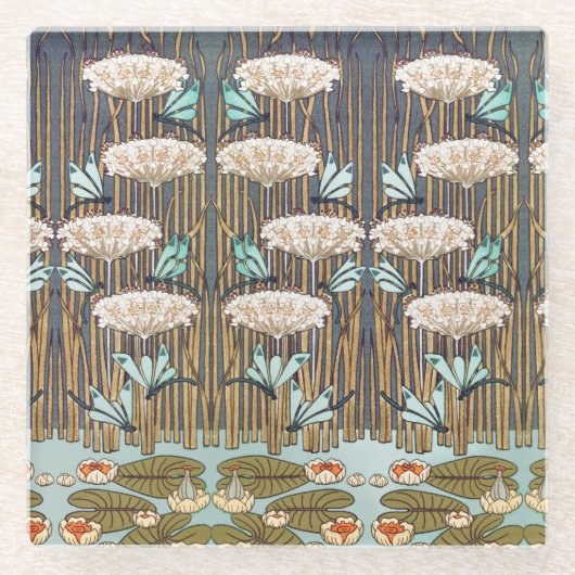 Dragonfis Water Lilies Marsh Art Nouveau Glasuntersetzer (Vorderseite)
