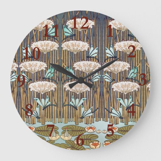 Dragonfis Water Lilies Marsh Art Nouveau Große Wanduhr (Vorderseite)