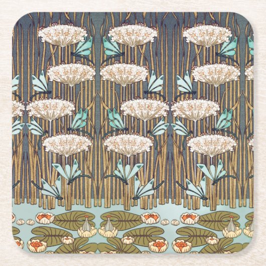Dragonfis Water Lilies Marsh Art Nouveau Rechteckiger Pappuntersetzer (Vorderseite)