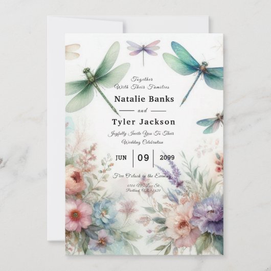 Dragonflies and Pastel Florals Wedding Einladung (Vorderseite)