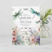 Dragonflies and Pastel Florals Wedding Einladung (Stehend Vorderseite)