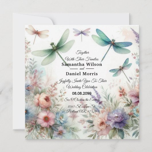 Dragonflies and Pastel Florals Wedding Einladung (Vorderseite)