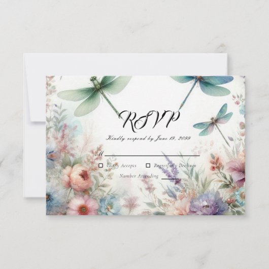 Dragonflies and Pastel Florals Wedding RSVP Karte (Vorderseite)