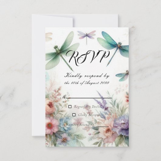 Dragonflies and Pastel Florals Wedding RSVP Karte (Vorderseite)