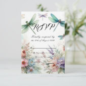 Dragonflies and Pastel Florals Wedding RSVP Karte (Stehend Vorderseite)