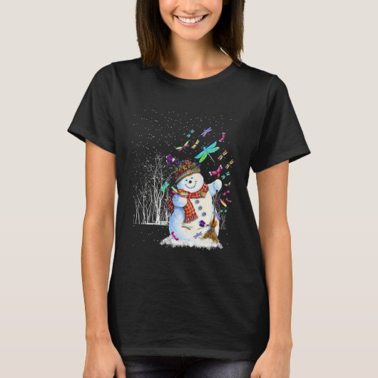 Dragonflies Snowman Scarf Christmas Tree Forest Wi T-Shirt (Vorderseite)