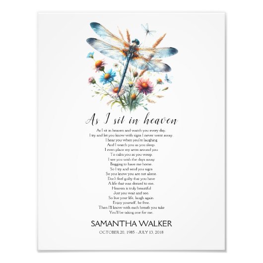 Dragonfly Als ich im Paradies sitze Gedicht signie Fotodruck (Vorne)
