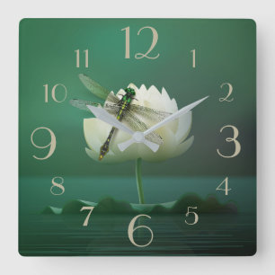 Dragonfly and Water Lily Quadratische Wanduhr