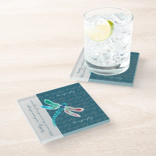 Dragonfly (Aquamarin) - Personalisierter Untersetz Glasuntersetzer (Schrägansicht)