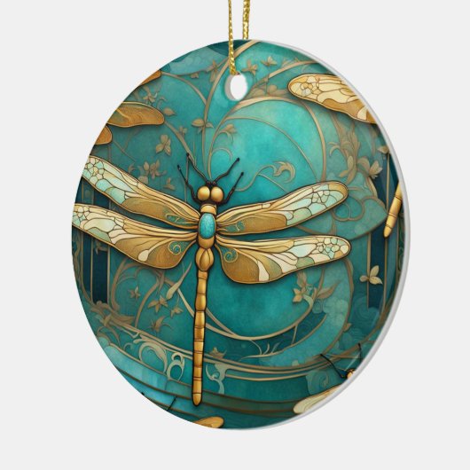 Dragonfly Art Nouveau Art Deco Aquamarine Insekten Keramik Ornament (Links)