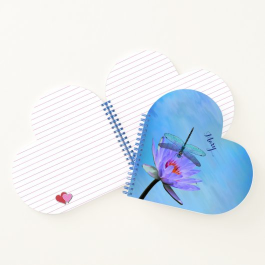 Dragonfly auf Water Lily Heart Shaped Notebook Notizblock (Innenseite)