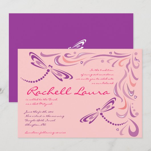 Dragonfly Bat Mitzvah Einladung Jüdisch (Vorne/Hinten)