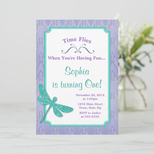 Dragonfly Birthday Einladung Pink Glitzer Girl (Stehend Vorderseite)