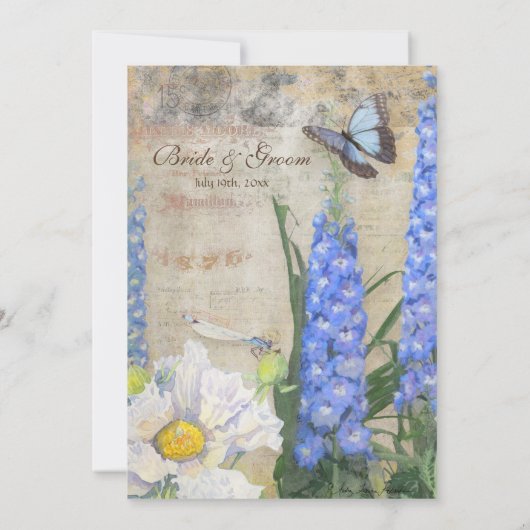 Dragonfly Butterfly Delphinium Brautparty Einladung (Rückseite)