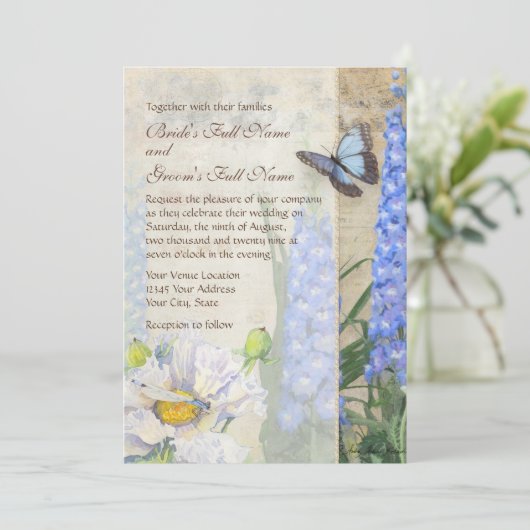 Dragonfly Butterfly Delphinium in Poppel Blumenstr Einladung (Stehend Vorderseite)