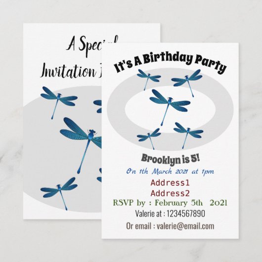 Dragonfly-Cartoon Einladung (Vorne/Hinten)