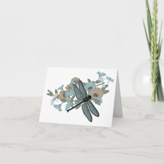 Dragonfly Chic Stilvolle Blume Blues Gray Gold Dankeskarte (Vorderseite)