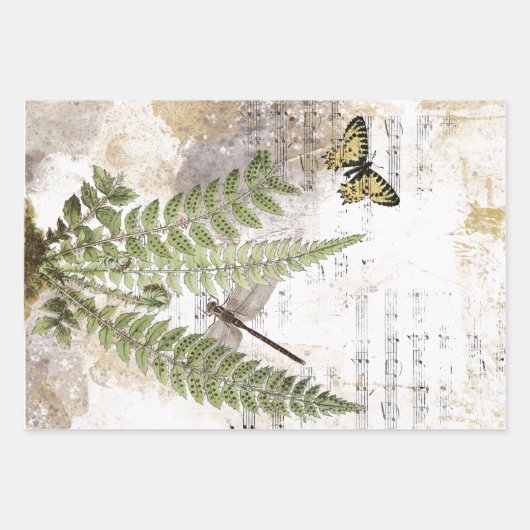 Dragonfly Fern Butterfly Bird Music Gold Decoute Geschenkpapier Set (Vorderseite)