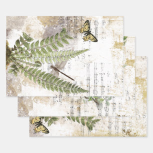 Dragonfly Fern Butterfly Bird Music Gold Decoute Geschenkpapier Set