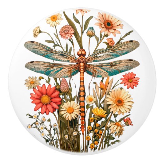 Dragonfly & Flowers Ceramic Knob Keramikknauf (Vorderseite)