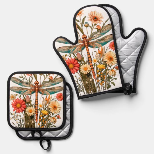 DragonFly & Flowers Oven Mitt and Potholders Set (Vorderseite/Rückseite)