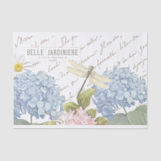 Dragonfly French Script Blue Pink Hydrangea Blume Seidenpapier (Vorderseite)