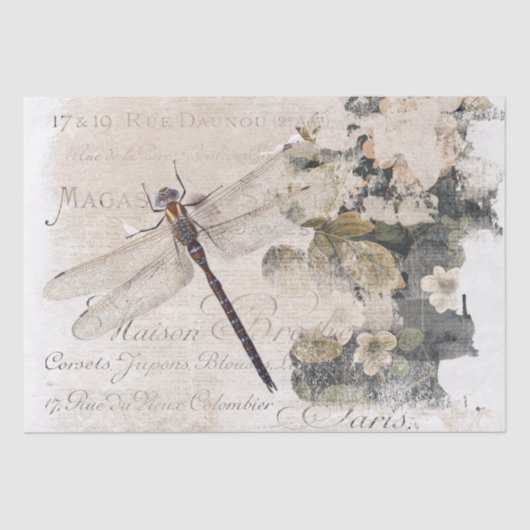 Dragonfly French Script Shabby Floral Decoupage Seidenpapier (Vorderseite)