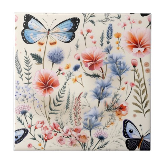 Dragonfly Garden Pink Blue Floral Blume Fliese (Vorderseite)