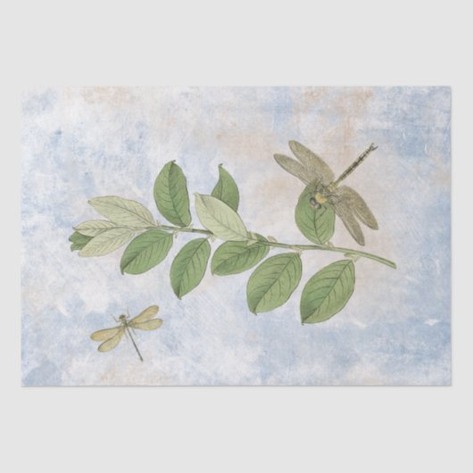Dragonfly Green Blätter Blue Decoupage Vintag Seidenpapier (Vorderseite)