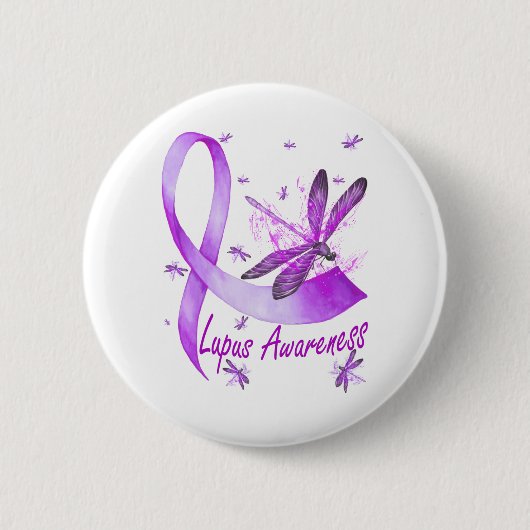 Dragonfly Holding Lila Ribbon Lupus Bewusstsein Button (Vorderseite)