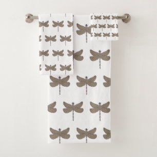 Dragonfly Illustration Muster Lila und Tan Badhandtuch Set