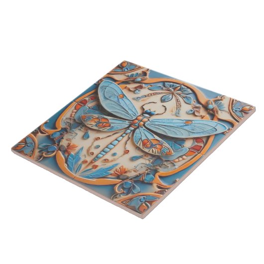 Dragonfly in dekorativem Blau und goldgelb Fliese (Seite)