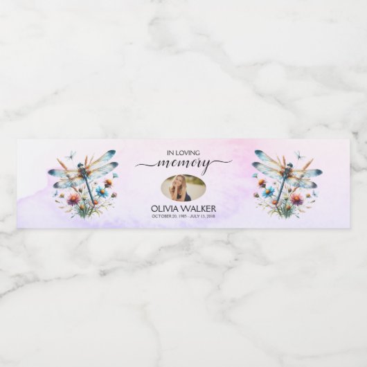 Dragonfly in Love Memory Foto Memorial Wasserflaschenetikett (Einzelnes Label)