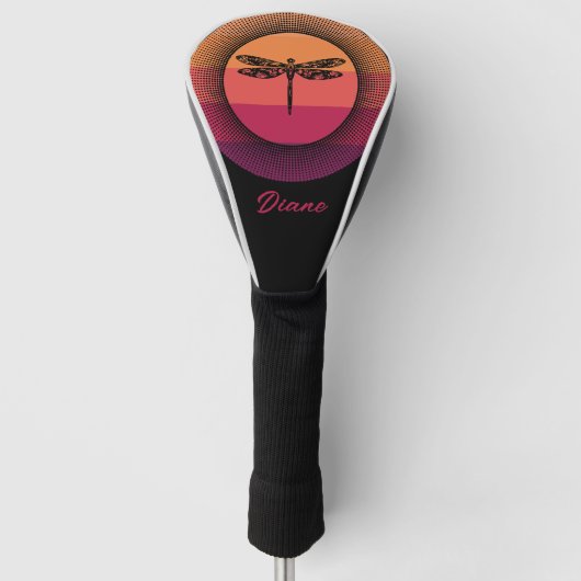 Dragonfly in Retro Sunset mit Namen Golf Headcover (Vorderseite)