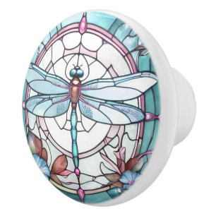 Dragonfly Light Blue und White Stached Glass Keramikknauf