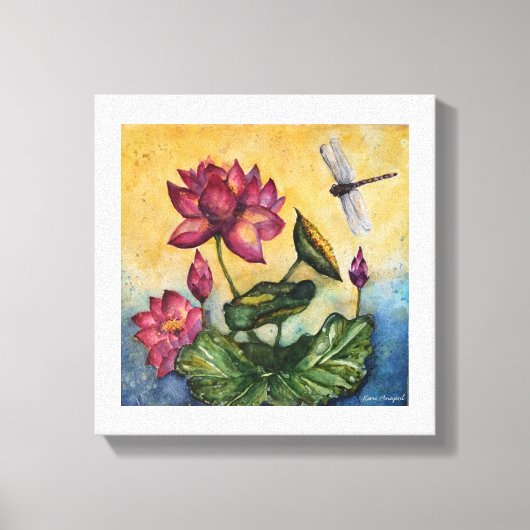 Dragonfly Lotus Wasserfarbe Print Wrapped Canvas Leinwanddruck (Vorderseite)