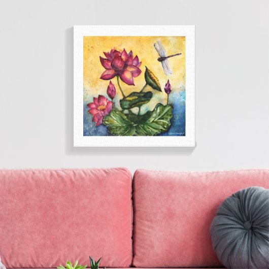 Dragonfly Lotus Wasserfarbe Print Wrapped Canvas Leinwanddruck (Insitu (Wohnzimmer))