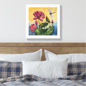 Dragonfly Lotus Wasserfarbe Print Wrapped Canvas Leinwanddruck (Insitu (Schlafzimmer))