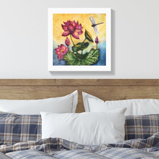 Dragonfly Lotus Wasserfarbe Print Wrapped Canvas Leinwanddruck (Insitu (Schlafzimmer))