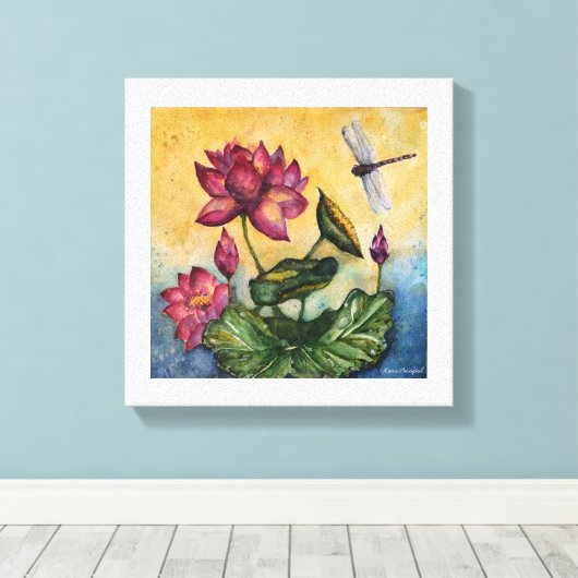 Dragonfly Lotus Wasserfarbe Print Wrapped Canvas Leinwanddruck (Insitu (Holzboden))